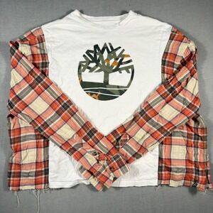 Timberland Reworked Hybrid Graphic Tee Flannel Plaid Long Sleeve Shirt White m/l
